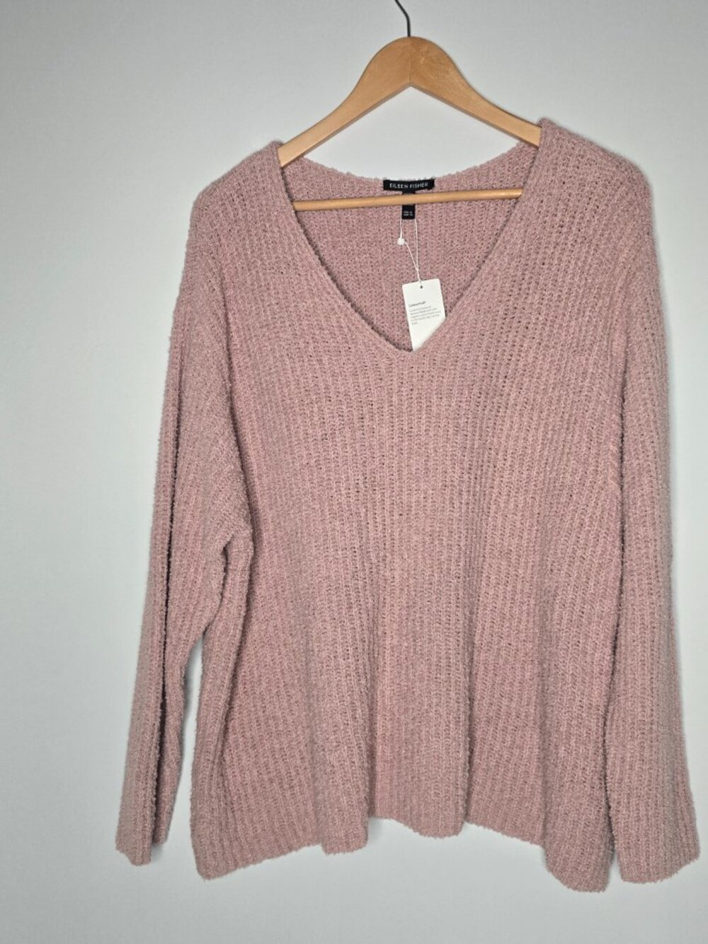Eileen Fisher Opal Pink Organic Cotton Fluff V-Neck Knit Sweater